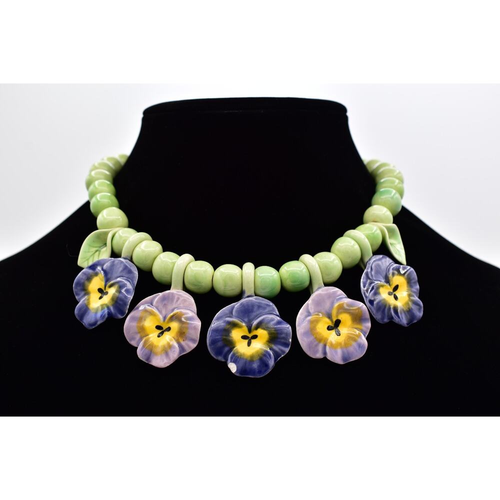 Flying Colors Vintage Pansy Flower Necklace Ceramic Beaded Floral Collar Choker